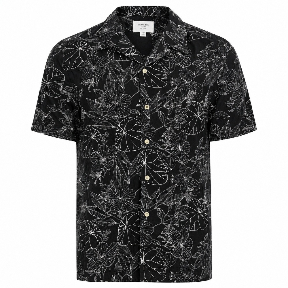 Julian & Mark Mens SS Camp Rayon Shirt Black White Floral Leaf Size XL NWOT